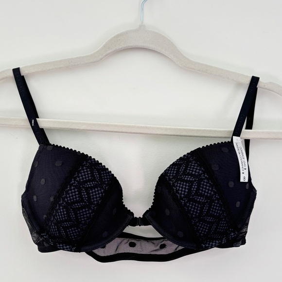Calvin Klein Woman's Bra 34B Front Closure Push Up Black Lace Polka Dot Lingerie - Picture 1 of 8